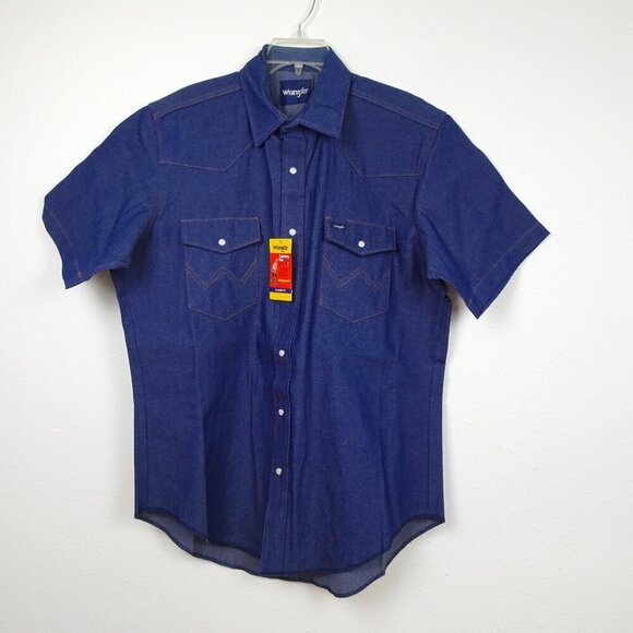 Wrangler Denim Shirt Men's Size L Blue Short Sleeve Pearl Snap Cowboy Cut - Picture 1 of 10